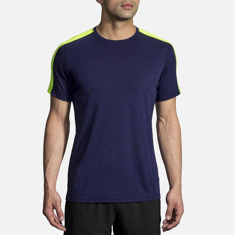 Brooks Distance Short Sleeve Running Shirt - Men's - Blue (23896-QSYX)